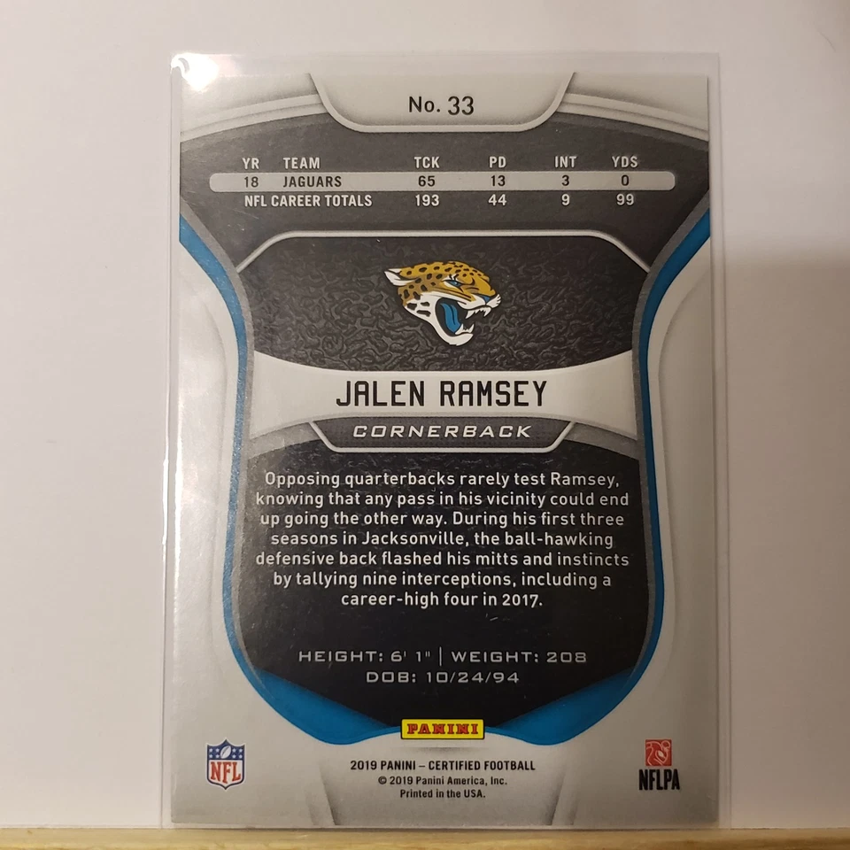 2019 Panini Certified #33 Jalen Ramsey Jacksonville Jaguars - Image 2 of 2