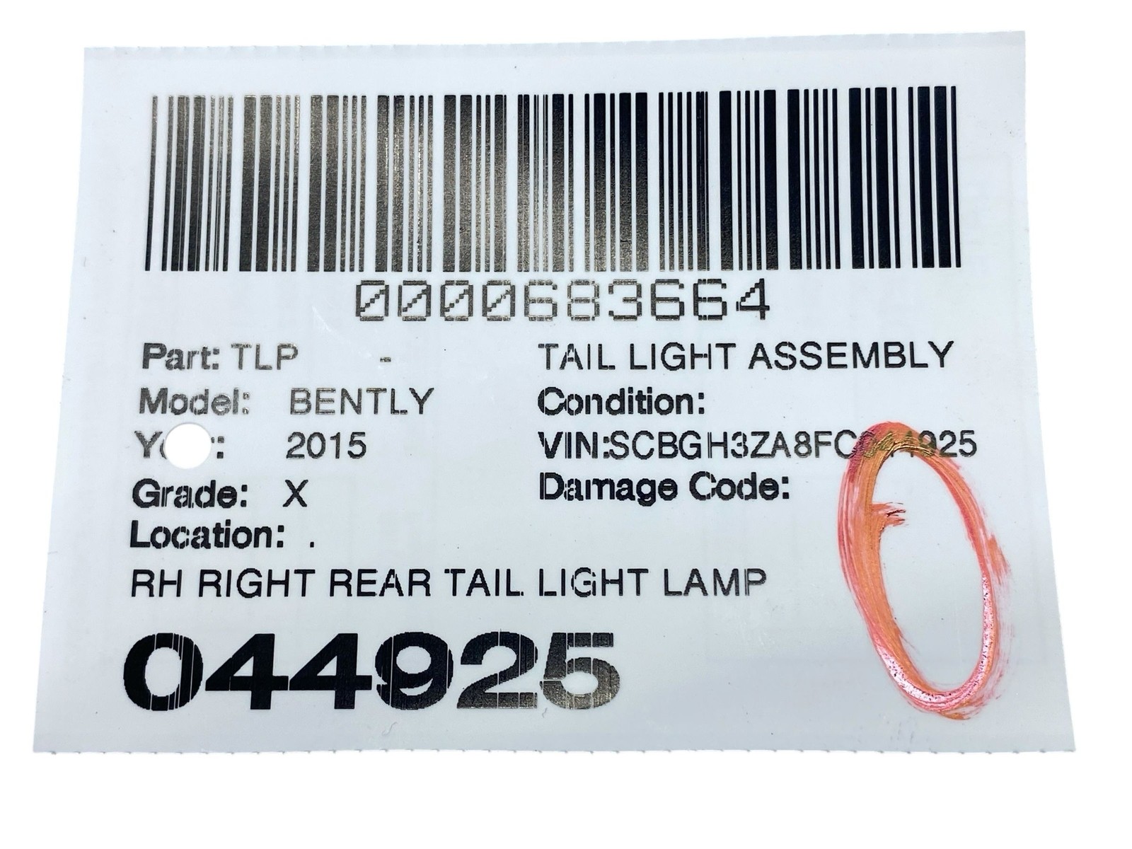 2015 BENTLEY CONTINENTAL RH RIGHT REAR TAIL LIGHT LAMP 3W3945096Q OEM