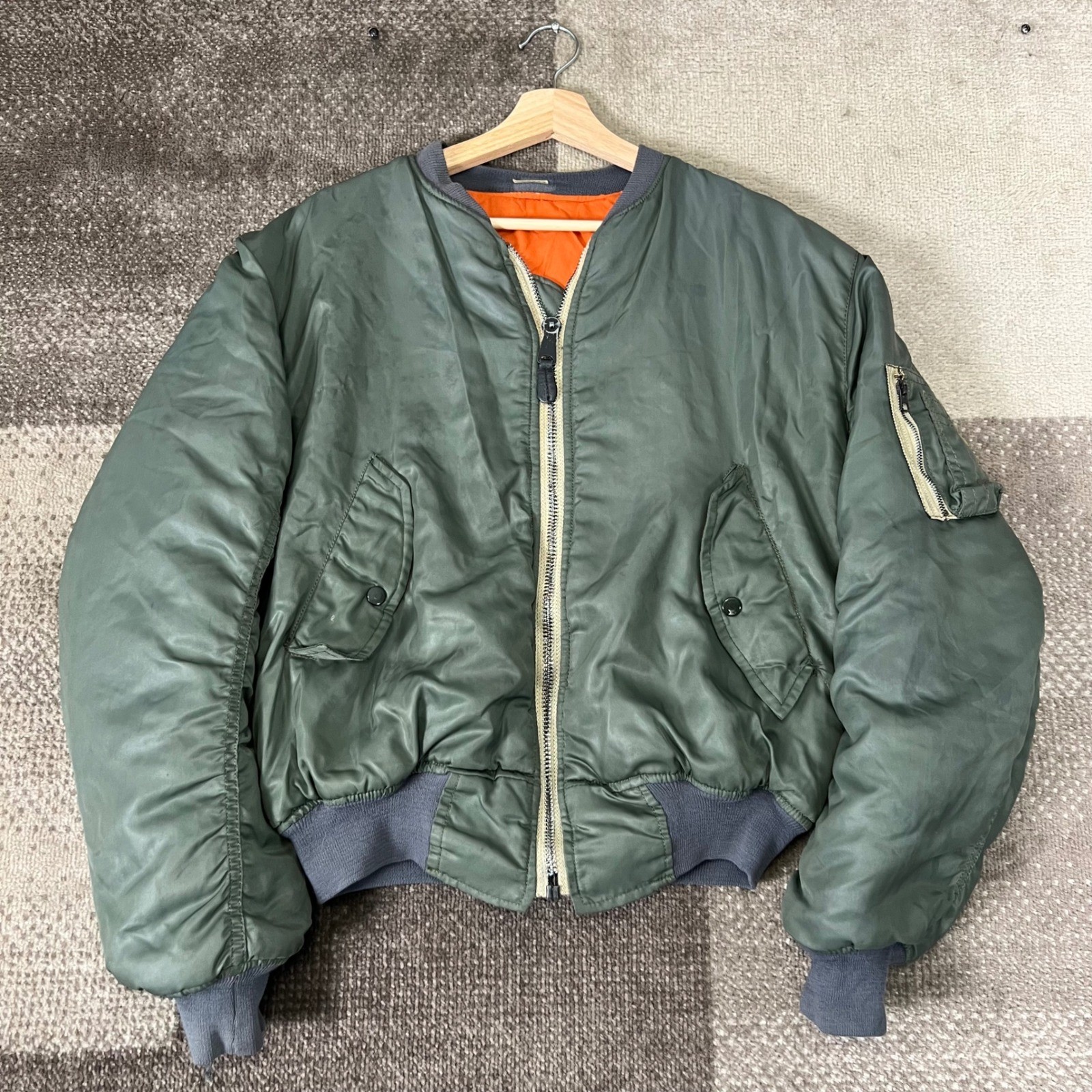 Vintage Mens MA-1 Intermediate Flight Bomber Jacket Sage Green Orange Lining XL
