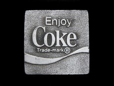 NF05139 VINTAGE 1970s  ENJOY COKE  PEWTER SODA FOUNTAIN BELT BUCKLE