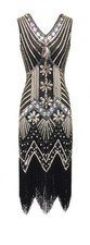 20er Jahre Charleston Pailletten Kleid Schwarz/Gold/Multicolor Flapper Kostüm