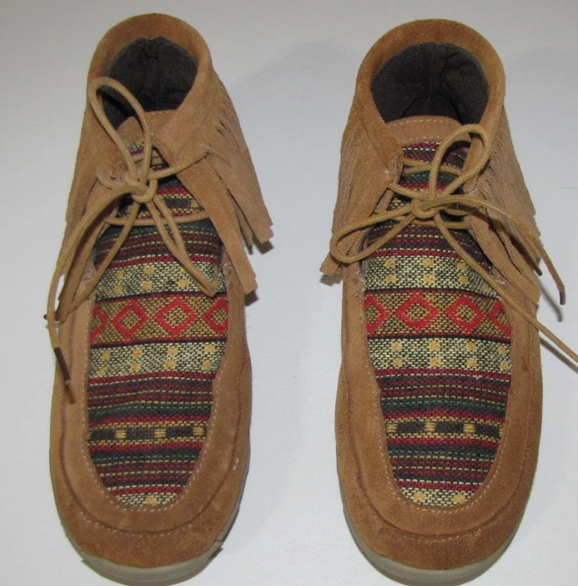 ROPER Moccasin Fringed Bootie Tan Suede leather AZTEC Print-detail  Wm. 8.5 - Image 3 of 4