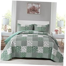 Green Boho Quilt Set, 3-Piece Reversible Soft Plaid Floral Queen Sage Green