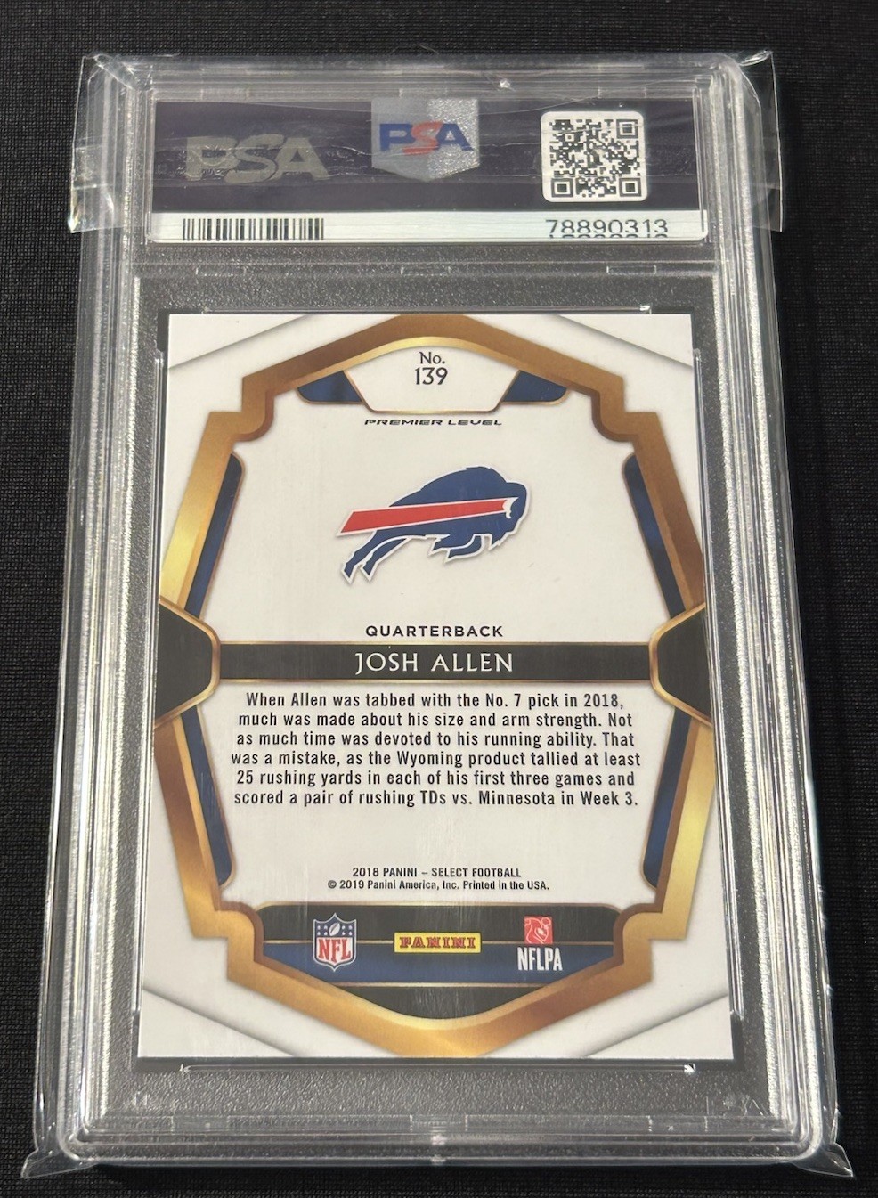 2018 Panini Select Josh Allen Premier Level Rookie RC PSA 10 GEM MT Bills view 2