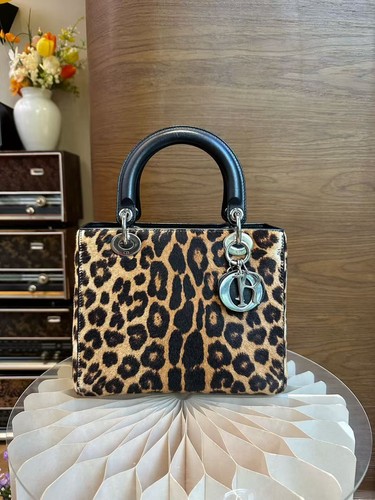 Christian Dior Lady Dior Leopard Pony Hair Silver Hardware Two Way Bag