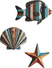 3PCS Wood Fish Shell Starfish Wall Decor Hang Ocean Coastal Sculptures Art Gift