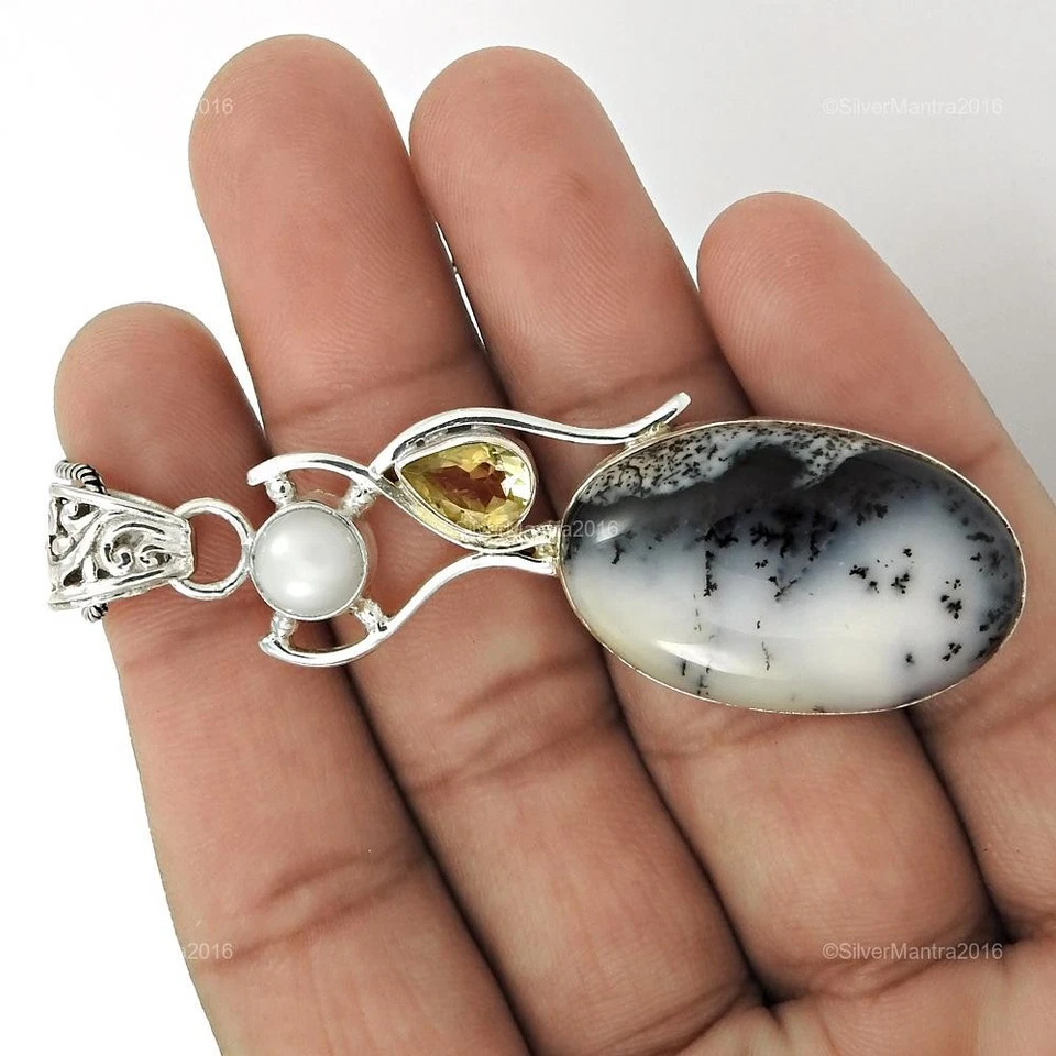 Dendritisch Opal Weihnachtsgeschenk Lünette Anhänger Schmuck Echt 925 Silber - Bild 3 von 4