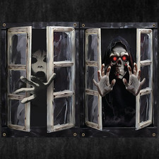 2 Pcs Halloween Window Cover Poster, Scary Ghost Curtain Decoraions