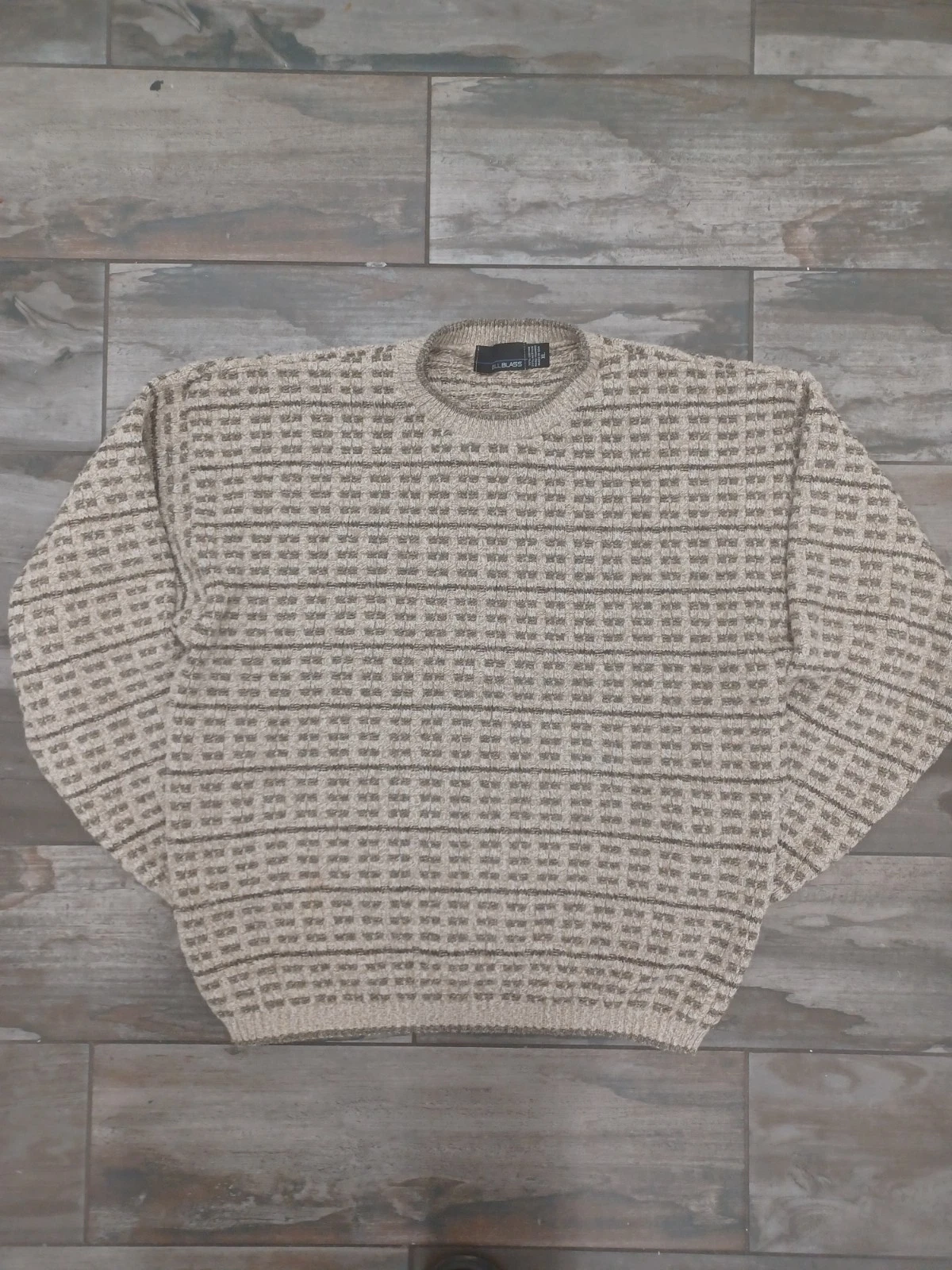 Vintage crew neck pullover textured knit cableknit basketweave geometric SZ XL .