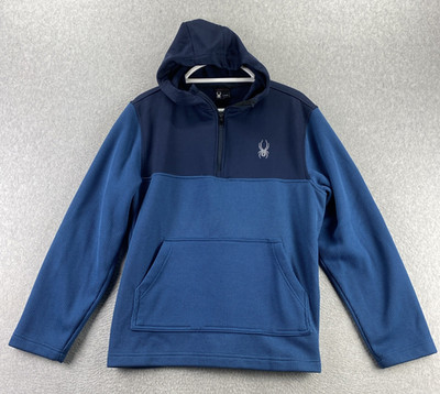 Spyder L Blue Hooded Fleece Pullover Kangaroo Pocket Zip Neck Sweater