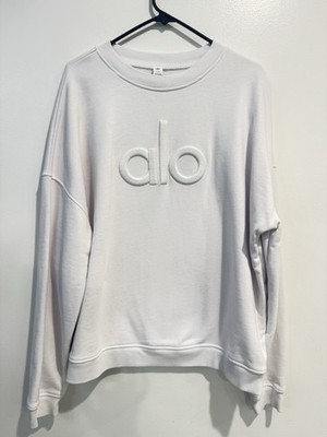 ALO Yoga Renown Heavy Weight White Emblem Crew Neck Pullover Sweater Large