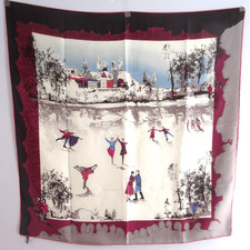 Talbots 100 Silk Winter Town Scene Ice Skaters Snow Hand Rolled 32 Square Scarf