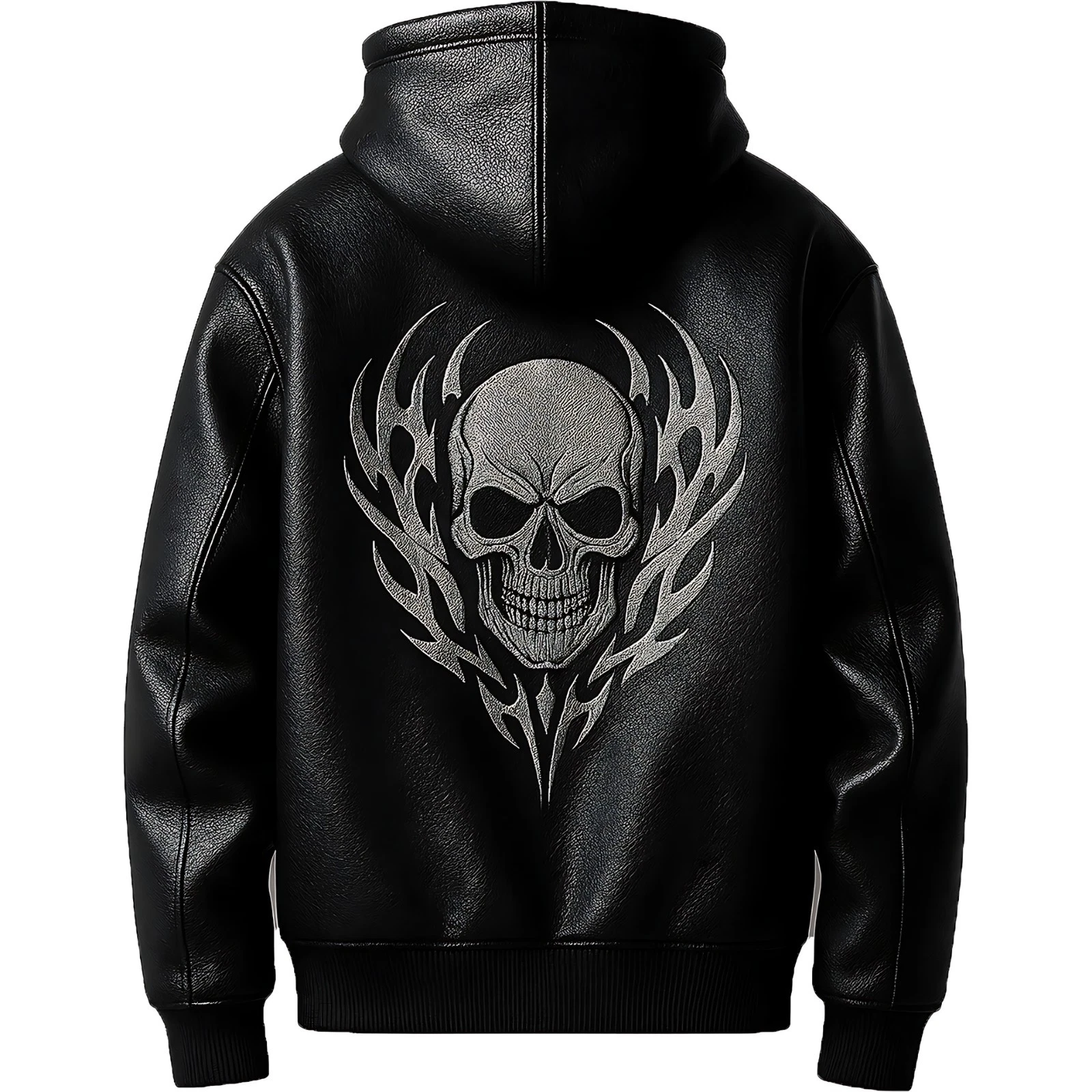Men’s Black KTL Leather Hoodie Skull Digital Print Pullover Jacket Handmade
