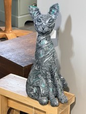 20&rdquo; Handcrafted Sphynx Cat Powertex Fabric Sculpture Grey Silver Metallic Green