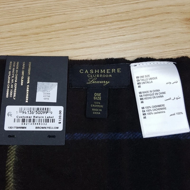 Bufanda para hombre CLUB ROOM marrón a cuadros 100 % cachemir flecos rectangular tejido suave 63x13 Foto 4 de 4