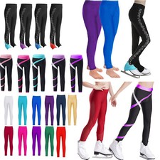 US Kids Girls Figure Skating Colorblock Stretchy Ice Skating Pants Sport Bottoms