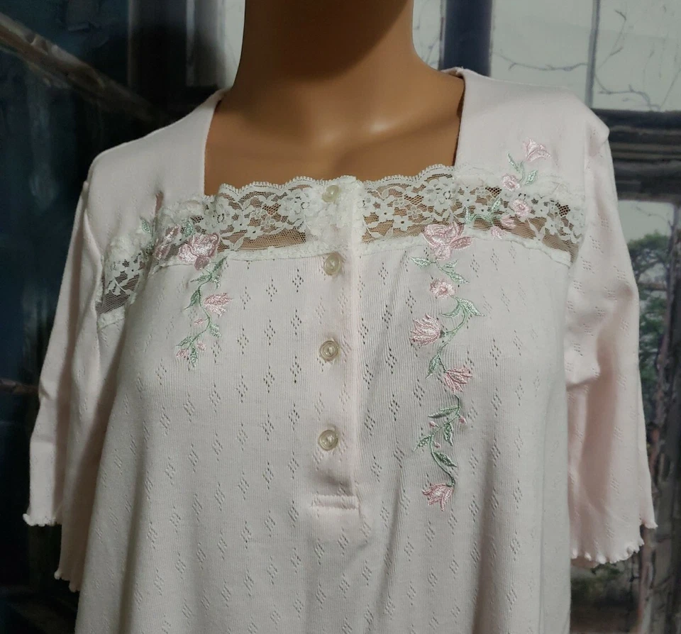 Camisón Rosa Shadowline Talla M Bordado Floral Encaje Manga Corta  Foto 2 de 4