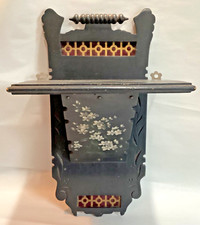 Antique Aesthetic Movement Victorian Ebonized Wall Shelf Velvet Brass H/P Flower