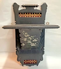 Antique Aesthetic Movement Victorian Ebonized Wall Shelf Velvet Brass H/P Flower