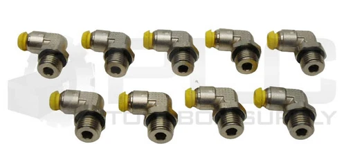 LOT OF 9 NEW PARKER ELBOW, CONN. 1: 1/4" NPT - 7/32" ID, CONN. 2: PRESTOLOK 6mm