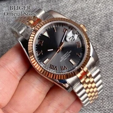 36mm Rose Gold Roman Numerals Japan NH35 Automatic Watch Men Grey Dial Luminous