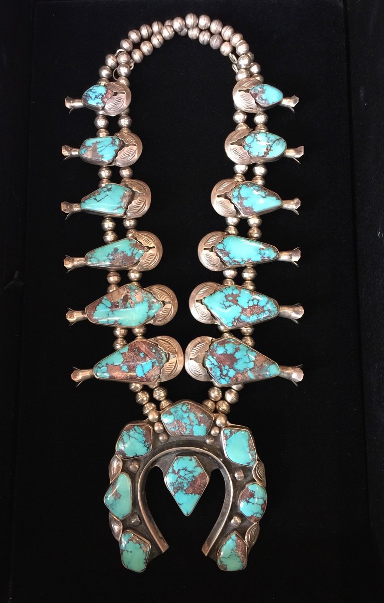Rare!! Bisbee Turquoise Vintage Native American Jewelry Navajo Sterling Silver Squash Blossom Necklace Rare!! Bisbee Turquoise Vintage Native American Jewelry Navajo Sterling Silver Squash Blossom Necklace