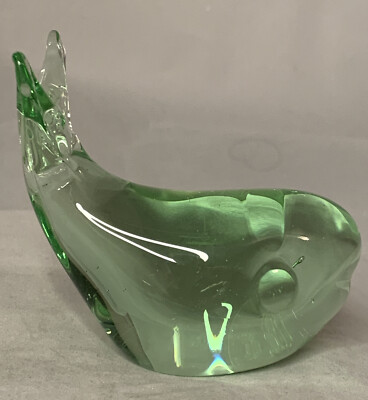 Vtg Art Glass Lite Green Whale Paperweight Figurine Tail Up 3 1/8  tall x 3 1/4 