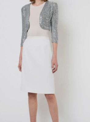 $1690 Oscar De La Renta Women Silver Silk Sequin Open-Front Bolero Sweater Sz XL