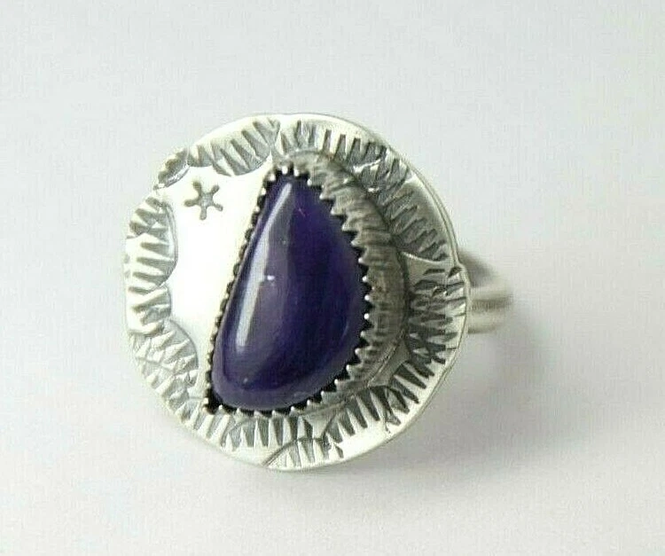 Sugilite Ring Purple Cabochon Gemstone .925 Sterling Silver Size 4.5 Celestial - Image 2 of 4