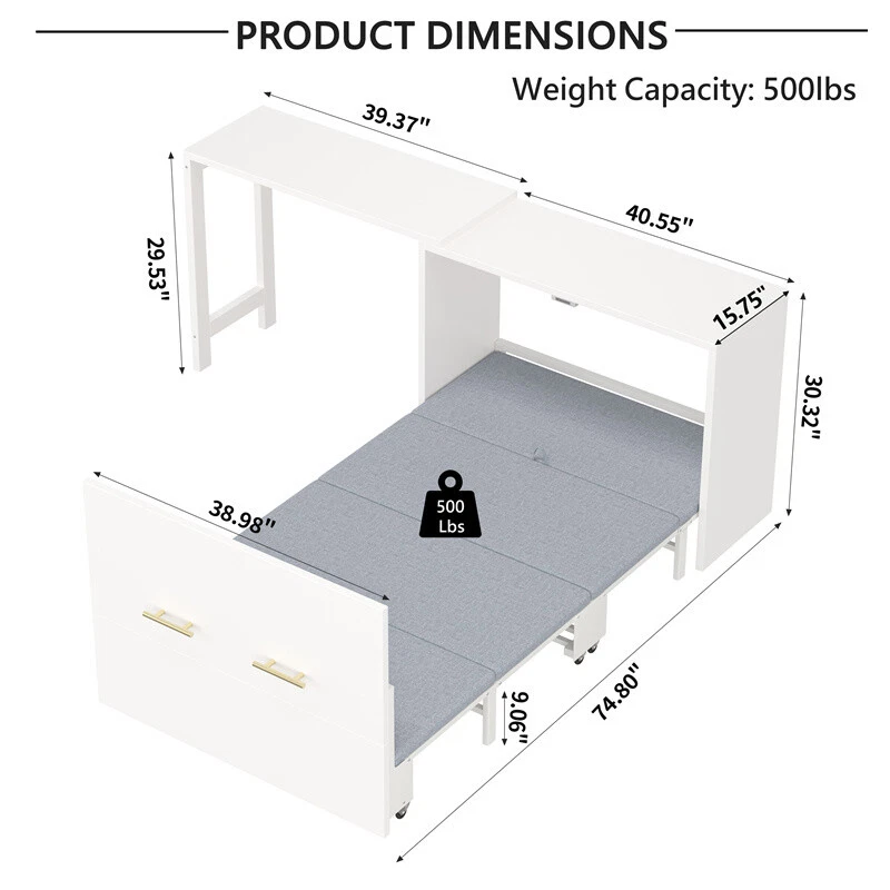 Mueble cama Murphy tamaño doble con escritorio de posición ajustable y cojín plegable, blanco Foto 2 de 4