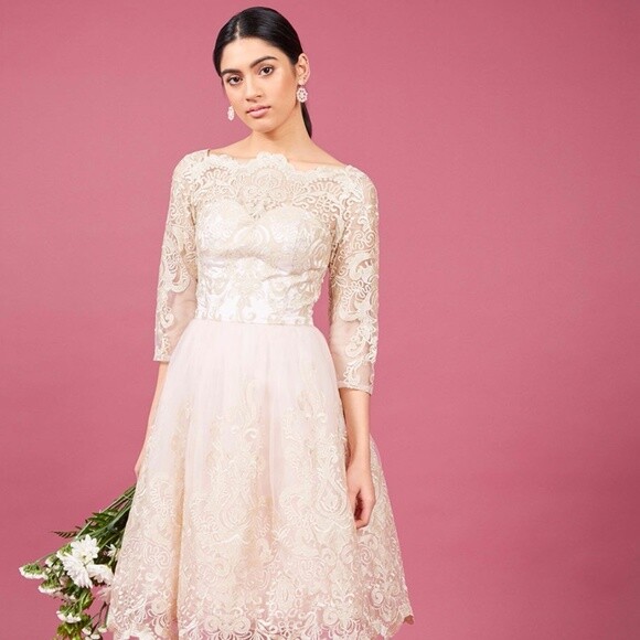 modcloth pink lace dress ModCloth Blush Pink Lace Lady Fit & Flare Crochet Coquette Preppy Dress Size 6