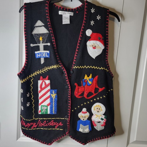Victoria Jones Vintage Christmas Sweater Vest Women's L Black Embellished Button