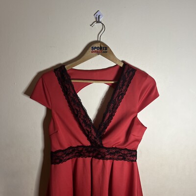 Lipsy Plunge Skater Dress 14 Coral Red /Pink Black Lace Fit Flare Cap Sleeve  | eBay