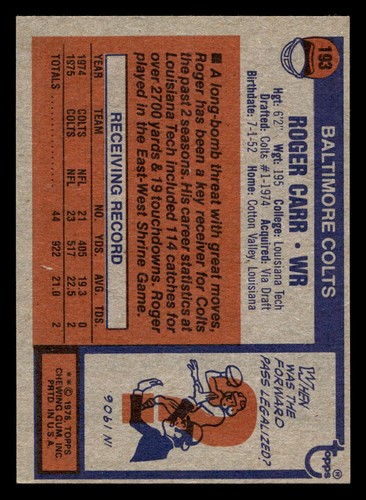 1976 Topps #193 Roger Carr Ex-Mint RC Rookie Colts ID: 499086 - Picture 2 of 2