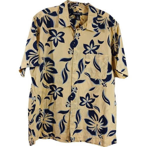Cherokee Mens Sz M Hawaiian Yellow Button Up Short Sleeve Shirt Floral Cotton - Picture 2 of 7