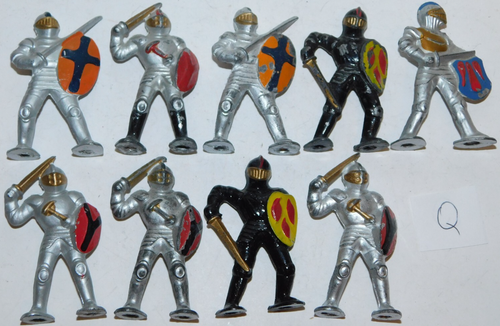 Old BARCLAY 1950s Lead Dimestore Podfoot, Medieval Knights In Action, 9 Pcs. #Q
