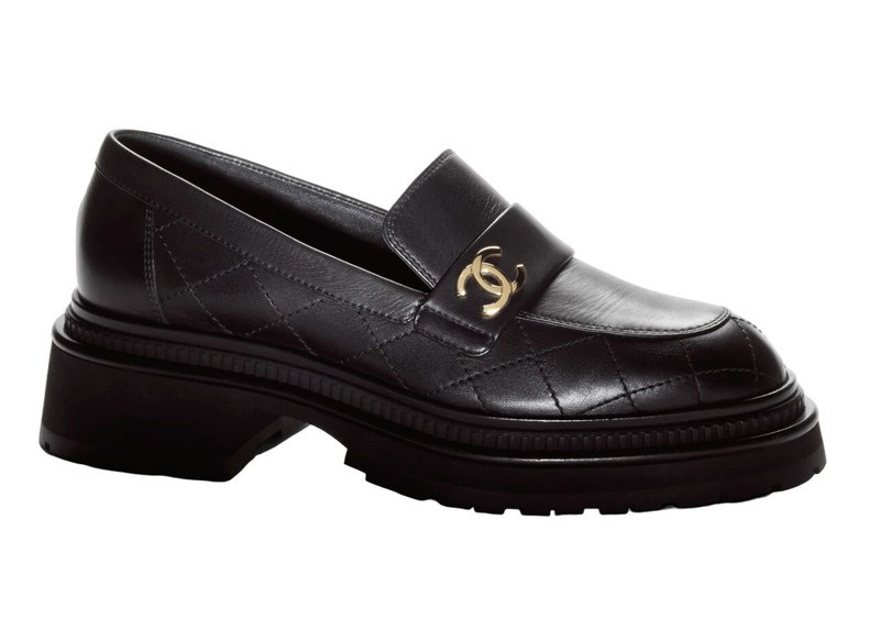 CHANEL 23A Black Calfskin Leather Quilted CC Gold Logo Flat Platform Loafer 37.5