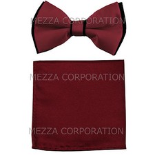 New Men's Pre-tied Bowtie And Hankie Set Two Tone Formal Party Burgundy Black
