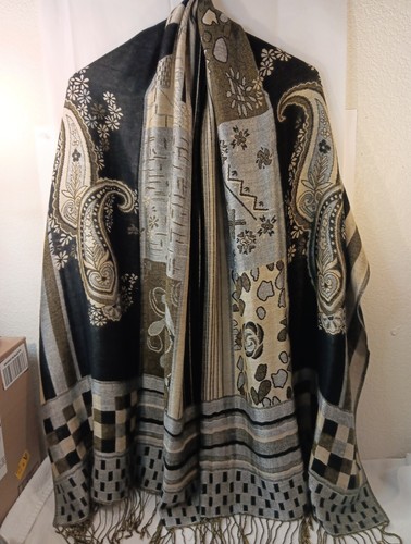 Vtg. Cotton Blend, Pasley, Geometric Design Shawl Wrap, 56× 82.