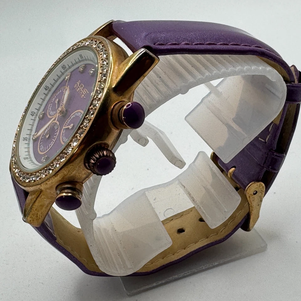 August Steiner Quartz Watch Women Gold Tone Purple Rhinestone Day Date New Batte - Image 4 of 4