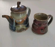 Earthenware Teapot With Mug Pottery Art Unique Handmade Coffee Tea Cup