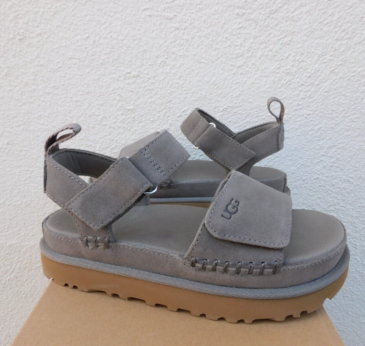 SANDALI UGG SMOKE PLUME GOLDENS SCAMOSCIATI PLATEAU CON CINTURINO DONNA US 6 37 ~NUOVI CON SCATOLA