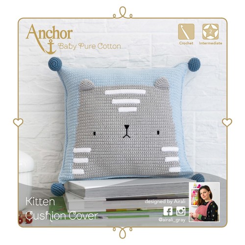 Crochet Kit - Grey Kitten Cushion Cover in Pure Cotton -Anchor Crochet Craft Kit - Picture 4 of 5