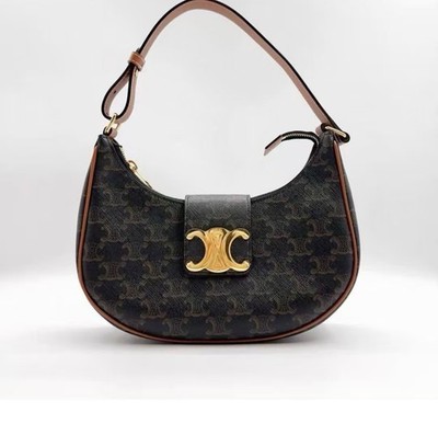 Celine Ava Triomphe Medium Dark Brown Monogram Canvas Tan Calfskin Shoulder Hobo