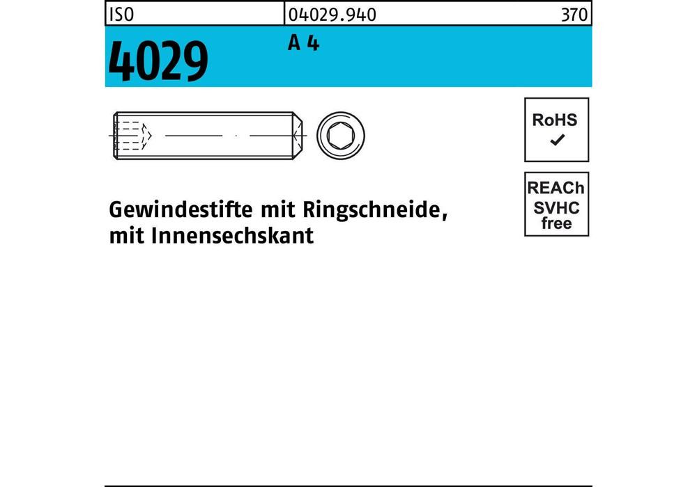 Рейхер Гевиндестифт ISO 4029 Рингшнейде/Иннен-6-кант M 5 x 6 A 4
