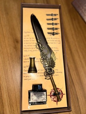 Steampunk Feather Dip Pen Set with Ink & 5 Nibs   Calligraphy Writing Gift box