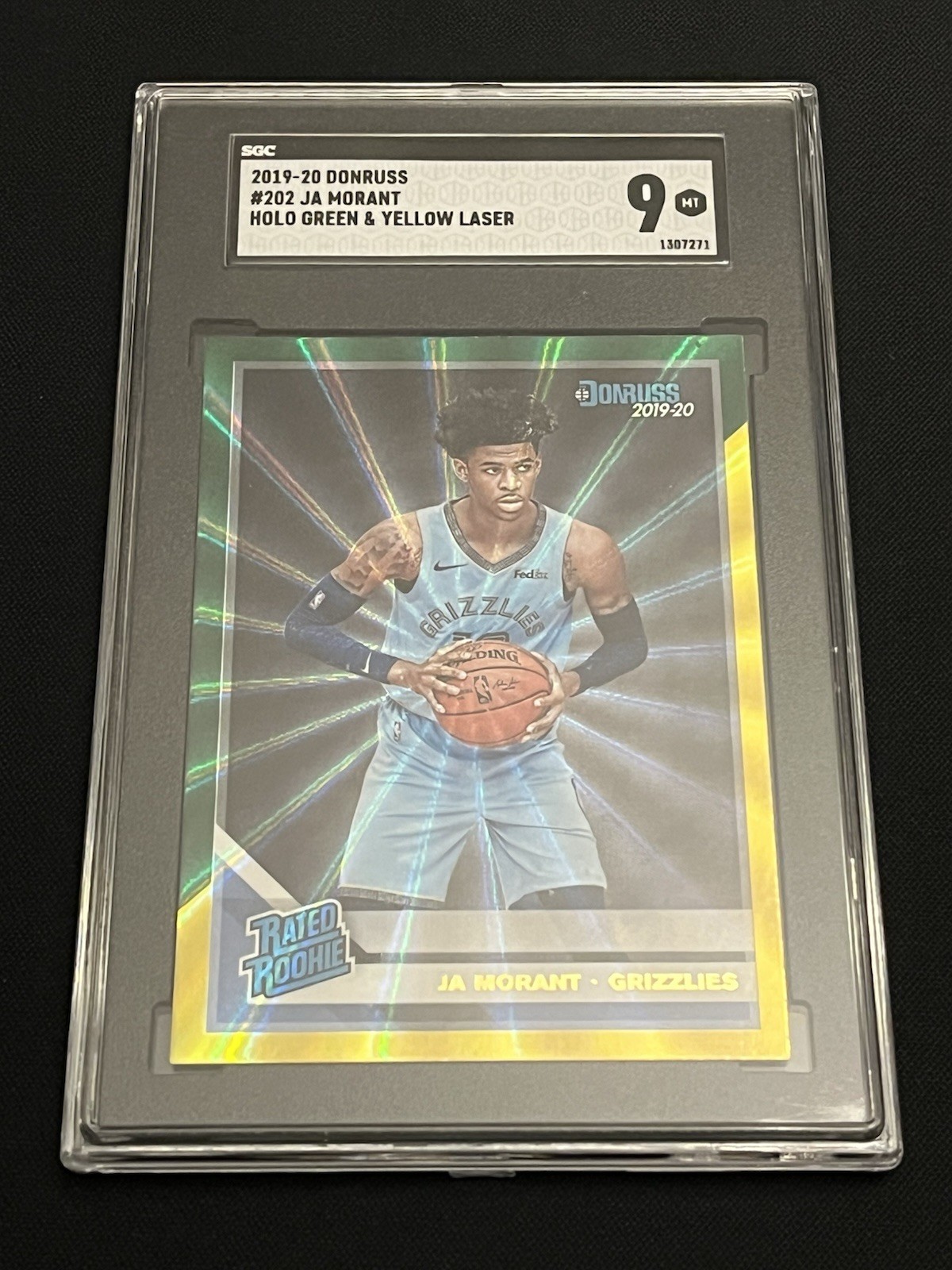 2019/2020 Ja Morant NBA Donruss Rated Rookie Holo Green & Yellow Laser SGC 9 RC