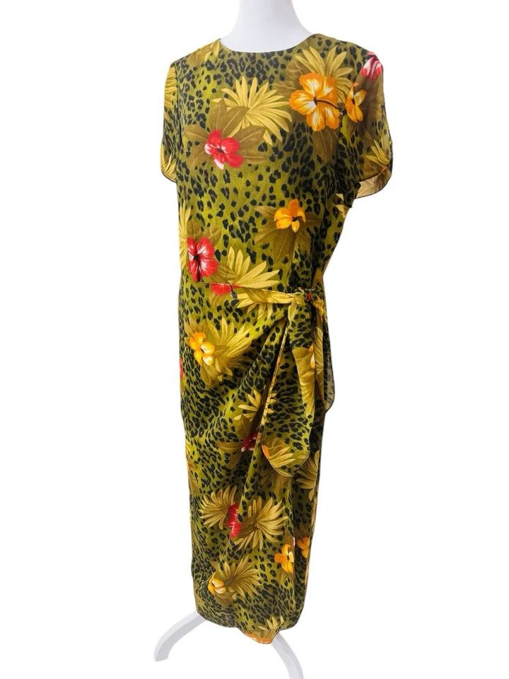Vintage John Roberts Womens Floral Long Wrap Dress Size 14 Brown Yellow Hibiscus - Image 2 of 4
