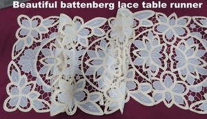 Lovely vintage battenberg table runner cloth off white 15 1/2x54 COLLECT STASH