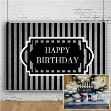 7x5ft Happy Birthday Backdrop Black Silver Striped Men Photo Background Glitter